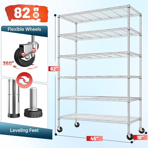 Romorgniz 82" H X45 W X18 D Storage Shelves with Wheels, 6 Tier Wire Shelving Adjustable Metal Shelving Pantry Shelves Capacity 1200LBS for Garage Shelving, Pantry, Kitchen, Closet,Chrome - size: 82"H X45"W X18"D-Chrome
