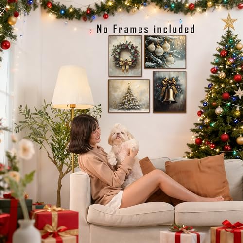 FITIE Rustic Christmas Tree Wreath Wall Art Posters Set of 4, Farmhouse Christmas Decor, Vintage Gold Bow Ball Bell Ornament Winter Canvas Prints Artwork Wall Decor for Bedroom Home, 8x10 Unframed - color: Color-Nature Landscape 17