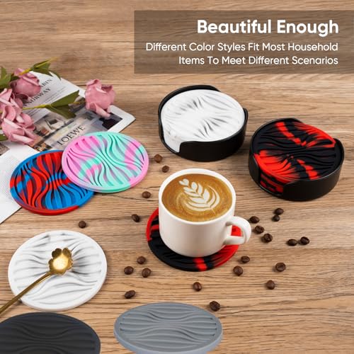 6 Pack Rubber Drink Coasters with Holder, Black Silicone Cups Mat Non-Slip | Coasters for Drinks Non-Stick Outdoor Plastic Coasters Set Thickened Hot- Cold Drink Fits Any Cups Table Rubber Glass Coaster - color: Pure Black-plastic Holder