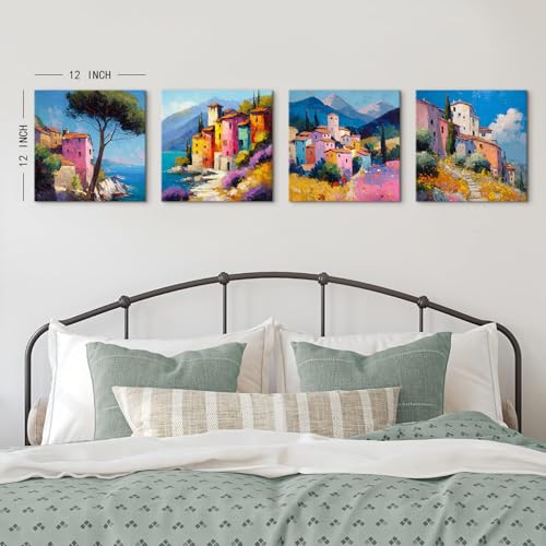 Abstract Mediterranean Wall Art Italian Coastal Canvas Prints for Dining Room Nature Country Wildflower Landscape Pictures Matisse European Scenery Artwork for Living Room Home Decorations 12x12" 4Pcs - color: Mediterranean, size: 12 x 12 in