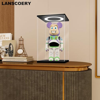 LANSCOERY Acrylic Display Case 9.8x7.9x15.8 in, 10mm Base, RGB Ring Light, 3mm Clear Panels, Front Door for Action Figures and Models - size: 9.8x7.9x15.8inch; 25x20x40cm