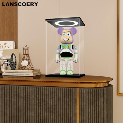 LANSCOERY Acrylic Display Case 9.8x7.9x15.8 in, 10mm Base, RGB Ring Light, 3mm Clear Panels, Front Door for Action Figures and Models - size: 9.8x7.9x15.8inch; 25x20x40cm