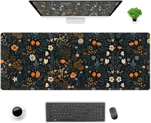 Retro Dark Floral Desk Mat Cute Plant Flowers Mouse Pad XL Large Desk Pad Aesthetic Sage Desk Matt for Desktop, Laptop Computer Keyboard Mouse Mat for Women Office Decor Accessories 31.5x11.8 in - color: Retro Dark Floral, size: 31.5" x 11.8"