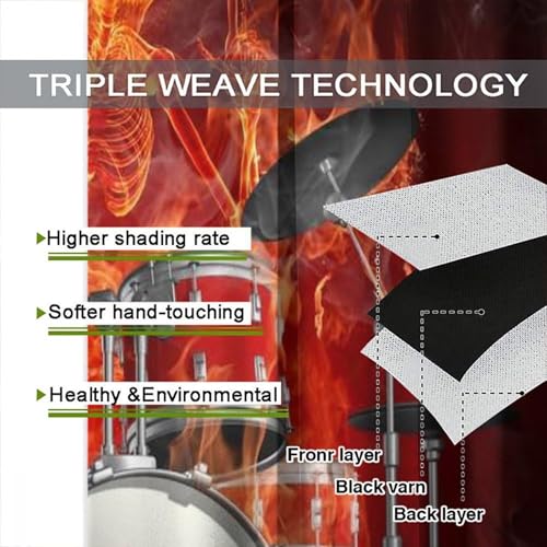 Music Curtain, Skeleton Flame Drums Hell of A Drummer Rock Music Theme Window Treatments Drapes for Boys Girls Teens Bedroom Living Room 42" W X 45" L(No Blackout) - color: Musical-3, size: 20.5"W x 45"L (Pack of 2)