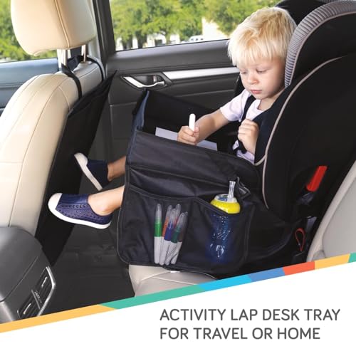Nuby Kids Foldable Lightweight Travel Activity Lap Desk Tray with Pockets|Stay Organized & Mess Free on Car Rides, Plane Trips, Home|Adjustable Strap Keeps Desk Secure or Carry Strap for Travel|Black