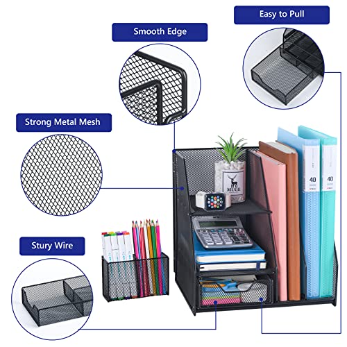 Topwey Desk Organizer, File Organizer for Desk with 2-Tier Paper Letter Tray, Drawer and 2 Pen Holder, Mesh Desktop Organization with Magazine Holder for Office Supplies - color: dark black
