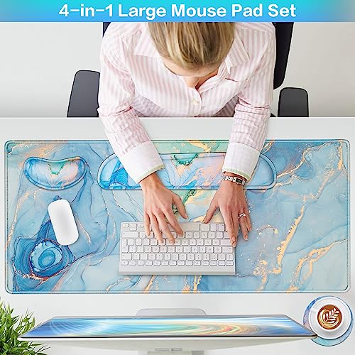 Desk Mat Blue, Large Gaming Mouse Pad with Wrist Rest, 4in1 XXL Mousepad+Keyboard Wrist Rest+Mouse Pad Wrist Support+Cup Coaster Set Ergonomic Computer Desk Arm Wrist for Decor Home Office Table Women - color: Jade Blue Marble