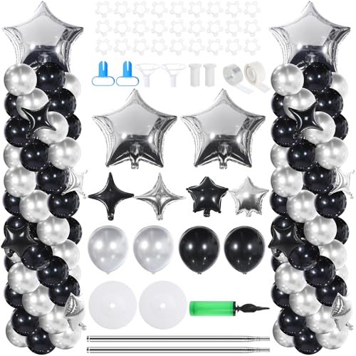 Gejoy 110 Pcs Black Silver Balloons Column Stand Kit Adjustable Tower Stand from 1.4 to 6.6 ft with Bases for Back to School Wedding Birthday Baby Shower Party - color: Black Silver