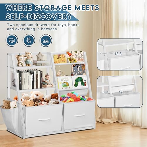 LOFTEY Kids Bookshelf and Toy Storage, Book Shelf for Kids Room, Toddler Montessori Bookshelf with 2 Drawers, Baby Book Shelf for Nursery, Toy Organizer, White