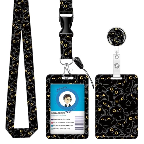 ID Badge Holder with Lanyard Fashionable ID Card Holders with Retractable Lanyards Soft Fiber Metal Clip Sturdy Buckle for Key Wallet Work Nurse Teacher (Cute Black Cat) - color: Cute Black Cat