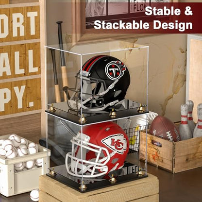 Football Helmet Display Case Full Size, Clear Acrylic Helmet Display Box Dustproof Helmet Case Display Case with Metal Bell Base for Sports Memorabilia (15 x 11.8 x 12.6 in) - size: 15 x 11.8 x 12.6 inch