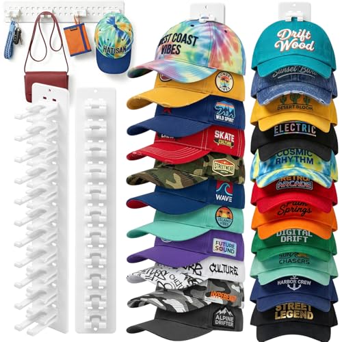2 Pack Hat Organizer for Baseball Caps,Detachable DIY Hat Rack for Wall Hold Up to 22 Hats,Baseball Cap Organizer Cap Holder Hat Hangers for Wall Closet Door Bedroom(1A-White) - color: 1A-White