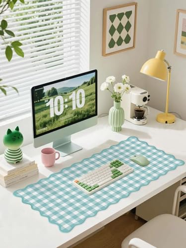 Scalloped‌ Teal Green Checkered Desk Mat Cute Pastel Large Gaming Mouse Pad Gingham Kawaii Cottagecore ‌Vintage‌ Girly Keyboard Computer Mat Aesthetic Desk Pad Accessories Office Decor for Women - color: A9-teal