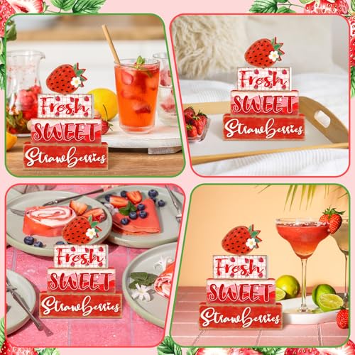 Britimes 4 Pcs Strawberry Decor Summer Wooden Tiered Tray Set, Strawberry Table Décor Farmhouse Rustic Wooden Coffee Table Centerpieces for Home kitchen Office Decorations - style: Stawberry