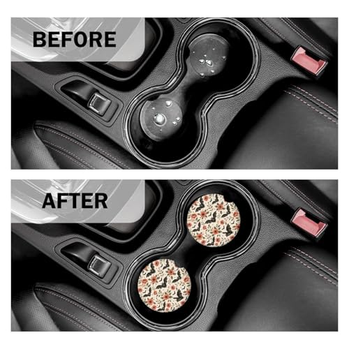 Bats Car Coasters for Cup Holders Set of 2 Floral Absorbent Ceramic Cup Coaster 2.63" Non-Slip Cork Base Drink Coasters with Finger Notch Car Accessories Interior for Women Men - color: Bat