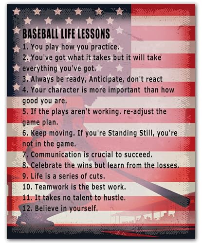 ZUKIY Baseball Life Lessons Wall Art - Motivational Poster for Boys Bedroom or Office - Inspirational Baseball Quote Print 8x10 Unframed - Sports Decor for Home Gym Classroom or Game Room