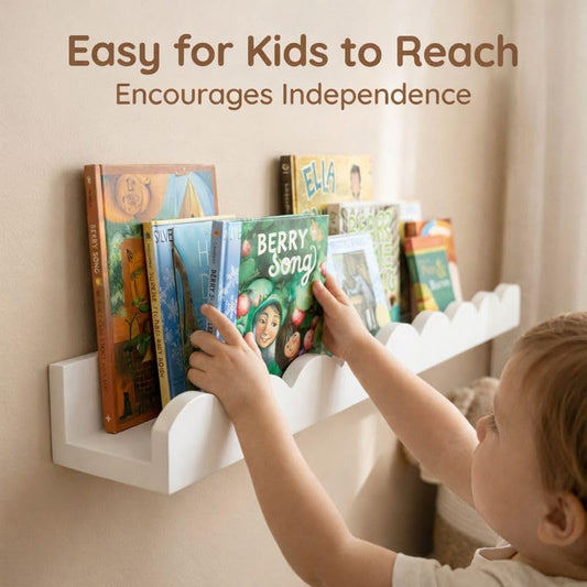 White Scalloped Nursery Shelves for Wall, 4-Pack Floating Book Shelves for Kids Room, Wall Mounted Kids Bookshelves for Bedroom, Playroom, Book and Decor Display - color: White, size: 4 Pack - 15.7 in x 4.7 in