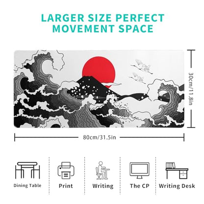 Japanese Red and Black Wave Gaming Mouse Pad Extended Large Mouse Mat Desk Pad Sea Texture Non-Slip Rubber Base Wave Mousepad Stitched Edges Keyboard Desk Pad for Office Home Game 31.5x11.8 Inch - color: Japanese Red and Black Wave