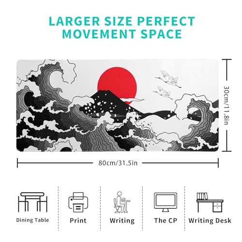Japanese Red and Black Wave Gaming Mouse Pad Extended Large Mouse Mat Desk Pad Sea Texture Non-Slip Rubber Base Wave Mousepad Stitched Edges Keyboard Desk Pad for Office Home Game 31.5x11.8 Inch - color: Japanese Red and Black Wave