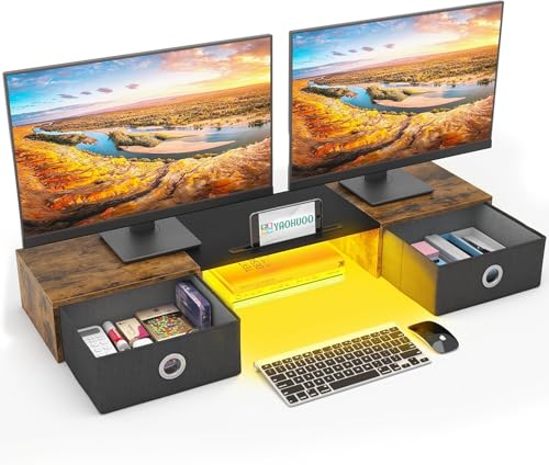 YAOHUOO Dual Monitor Stand with 2 Drawers, Computer Monitor Riser for 2 Monitors, Large Desktop Organzier with Storage for PC/Laptop/Computer/TV Screen/Printer (Brown) - color: Brown