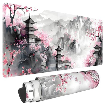 Japanese Cherry Blossom Large Mouse Pad,Gaming Keyboard Desk Pad,Extended Mouse Mat Non-Slip Rubber Base with Stitched Edges for Office Game Home XL 31.5"x11.8" - color: Cherry Blossom, size: 31.5L x 11.8W inches