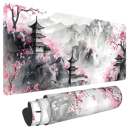 Japanese Cherry Blossom Large Mouse Pad,Gaming Keyboard Desk Pad,Extended Mouse Mat Non-Slip Rubber Base with Stitched Edges for Office Game Home XL 31.5"x11.8" - color: Cherry Blossom, size: 31.5L x 11.8W inches