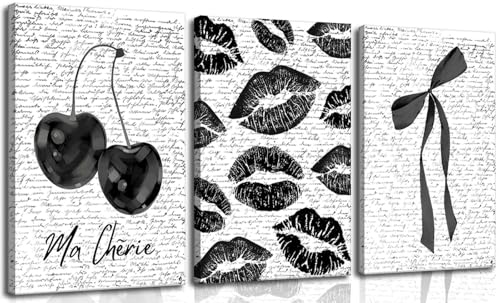 3Pcs Framed Vintage Funky Black White Lips And Cherry Canvas Wall Art | Girl Fashion Aesthetic Bow Wall Decor Ma Cherie Dark Coquette Posters Prints for Preppy Apartment Girl Room16x24in - color: canvas, size: 16x24inx3pcs