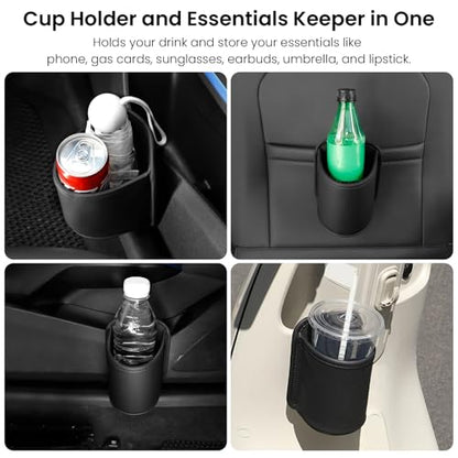 2 Pack Clip On Cup Holder for Car Door Organizer Seat Automotive Extra Drink Coffee Holders Premium PU Leather Black
