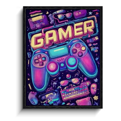 Gamer Controller Wall Art, neon retro setup, gaming wall decor, matte finish framed canvas print, gaming poster artwork, for dorm game room gift, 12x15 inch - color: Retro Neon Gamer Vibes