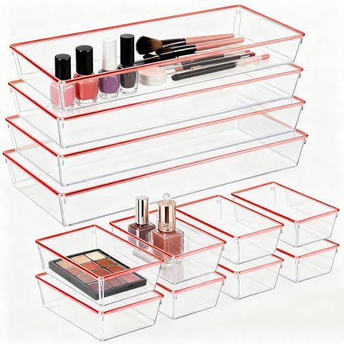 12 Pack Large Size Clear Stackable Drawer Organizer Trays, Rose Gold Rim Makeup Drawer Storage Tray Divider, Desk Storage for Makeup, Jewelry, Bathroom, Stationary, Kitchen Utensils and Office Desk - color: Rose Gold, size: 12 PACK