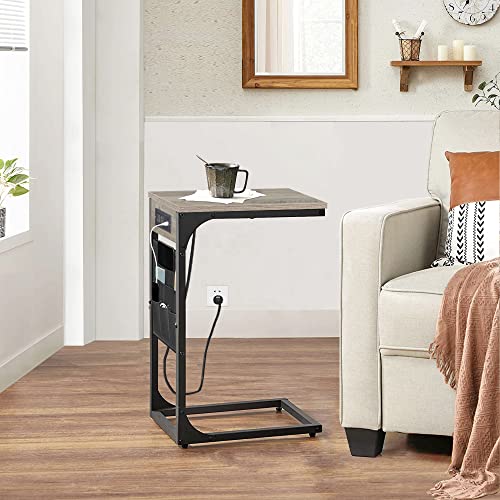 TUTOTAK C Shaped End Table with Charging Station, Side Table for Sofa, Couch Table with Storage Bag, TV Tray Table with 2 USB Ports and Outlets for Living Room, Bedroom TB01BG024 - color: Greige, size: 1 Pack (11.8"W), style: With Plug