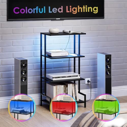 Arbuxzuy 4-Tier AV Media Stand with Power Outlet and LED Lights,Wooden Stereo Stand Cabinet,Game Console Shelf for Small Space,Audio Rack Stand Tower Ideal for Video DVD Players,Xbox - color: Black