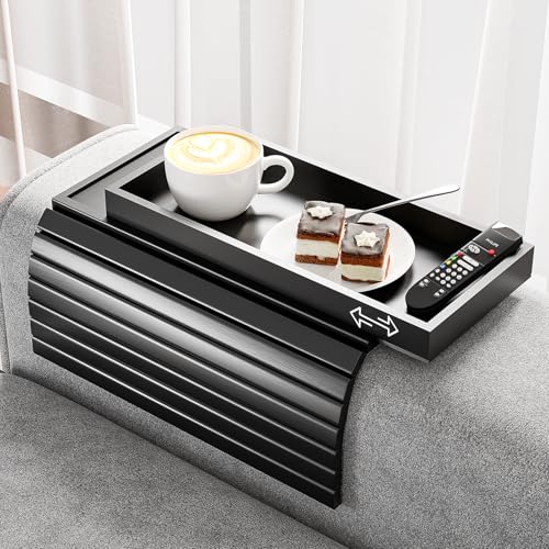 Bestjing Bamboo Sofa Armrest Tray Table for Couch - 2-in-1 Couch Arm Table with Be Slide Detachable Tray- Anti-Slip Foldable Sofa Armchair Caddy for Drinks Cellphone TV Remote Snacks (Black) - color: Black, size: 16.9" x 13.3" x 1.5"