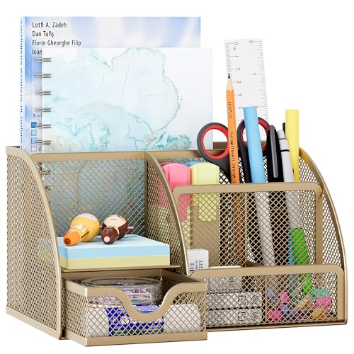 EasyPAG Mesh Desk Organizer with Drawer Multi-functional Pen Holder Stationery Organizer for Office School Supplies 6 Compartments Dorm Organizers and Storage for Desk, Gold - color: Gold