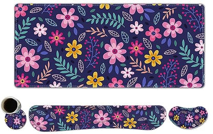 ToLuLu Extended Gaming Mouse Pad, Memory Foam Ergonomic Keyboard Mouse Wrist Rest Support Set, Large Desk Mat with Stitched Edges, Non-Slip Base Mousepad for Home Office Game Study, Purple Flowers - color: Purple Flowers