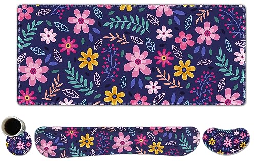 ToLuLu Extended Gaming Mouse Pad, Memory Foam Ergonomic Keyboard Mouse Wrist Rest Support Set, Large Desk Mat with Stitched Edges, Non-Slip Base Mousepad for Home Office Game Study, Purple Flowers - color: Purple Flowers