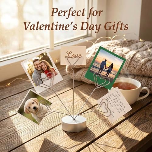 Desktop Heart-Shaped Photo Tree Style Holders Round Base,5-Branch Family Picture Frame Clips Holder Desk Card Display Stand for Christmas,Wedding, Birthday Party,Gift Silver - color: Gift Silver