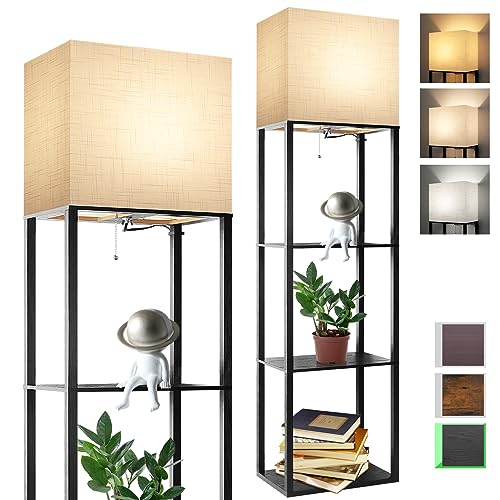 RUNTOP Plus Floor Lamp with Shelves, Shelf Lamp with 15W LED Bulb, 3 Colors, Memory Function, Wide Display Shelf for Collectibles Storge, Floor Lamps for Living Room, Standing Lamp for Bedroom - color: Plus- Black
