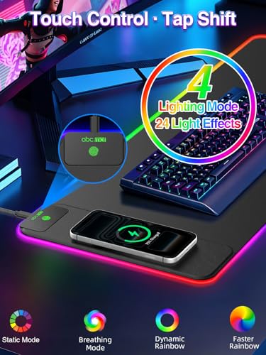 XL RGB Gaming Mouse Pad with 15W Magnetic Wireless Charging, 31.5'' x 11.8'' Extra Large LED Mousepad, 24 Lighting Effects Desk Mat with Non-Slip Rubber Base, Waterproof Ultra-Smooth Surface - color: RGB-31.5"x11.8"