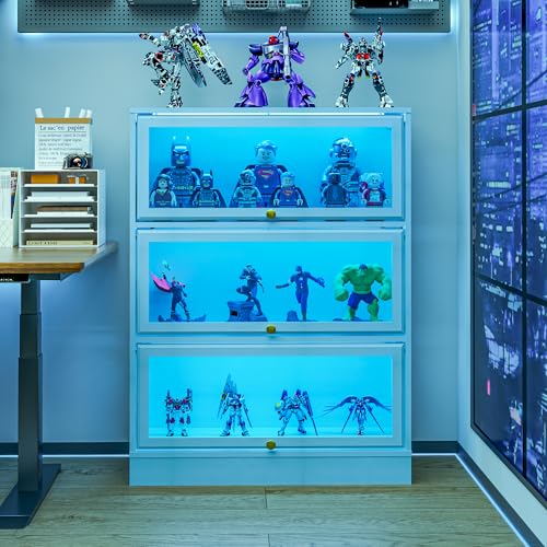 Display Cabinet with Acrylic Glass Doors,3-Tiers Curio Cabinet with LED Lighting for Collectibles, Collectibles Toy Organizers Rack & Display Shelf Display Case Storage Cabinet, White - color: White, size: 31" W x 42" H