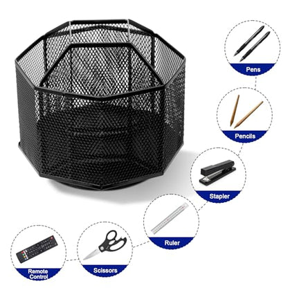 Comix 360° Rotating Pen Holder for Desk, 5 Compartments Office Desk Organizer, Black Mesh Metal Pencil Holder Cup for Office Home School - color: 360° Rotation-5 Compartments