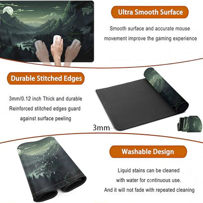 XXL Large Gaming Mouse Pad Anime Green Moon Mountains Desk Mat, Desk Decor Mousepad Computer Mat, Non-Slip Rubber Base Desk Pad, Laptop Keyboard and Mouse Mat with Stitched Edges, 31.5x15.75 in - color: Green Moon Mountains