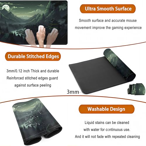 XXL Large Gaming Mouse Pad Anime Green Moon Mountains Desk Mat, Desk Decor Mousepad Computer Mat, Non-Slip Rubber Base Desk Pad, Laptop Keyboard and Mouse Mat with Stitched Edges, 31.5x15.75 in - color: Green Moon Mountains
