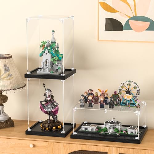 JUJOMAT Acrylic Display Case for Collectibles Clear Acrylic Display Box for Lego Action Figures Doll Hobby, Dustproof Stackable Storage Case, Assembly Required, Black Base (8 x 8 x 12 inches) - color: Black, size: 8 x 8 x 12 inches