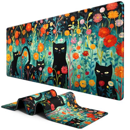BOSOBO Large Desk Mat, XXL Gaming Mouse Mat, Full Cover Desktop 31.5 x 11.8 Inches, Black Cat GreenFolwers - color: Black Cat and Folwers, size: XL - 31.5 x 11.8 Inches