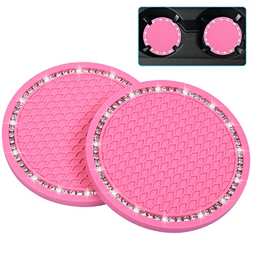 Bling Car Coasters, Wisdompro 2 Pack PVC Car Cup Holder Insert Coaster - Anti Slip Universal Vehicle Interior Accessories Crystal Glitter Cup Mats for Women and Men (2.75" Diameter, Pink) - color: Pink