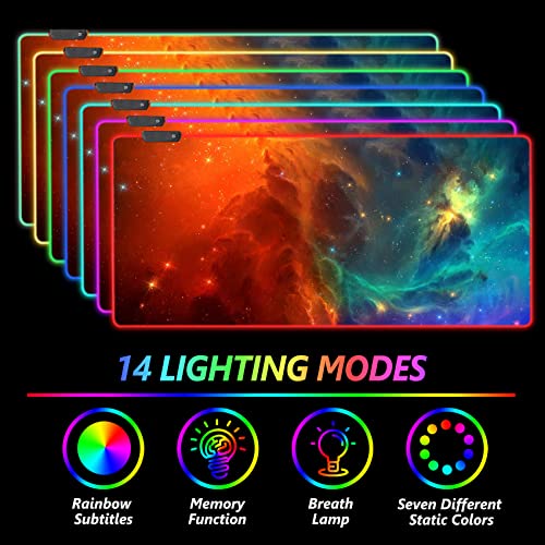 AIMSA Large RGB Gaming Mouse Pad, Keyboard Mousepad Led Extended 35.4 x 15.8 inch Non-Slip Rubber Base with 14 Lighting Modes, Big Desk Mat Waterproof, Galaxy Nebula - color: Galaxy Nebula