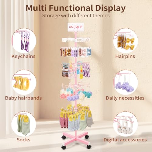 Flenpptly Retail Display Stand, 5-Tier Rotating Display Rack for Store Display, Movable and Adjustable Spinning Display Stand for Earrings, Jewelry, Keychains, Socks Display (Pink) - color: Pink