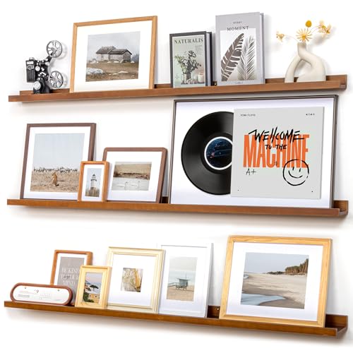 FLYJOE Picture Ledge Wall Shelves - Set of 3, 56 inches Width, Solid Pine Wood Rustic Floating Ledge Shelves for Kids' Room, Bedroom, Kitchen, Bathroom, Walnut - color: Walnut, size: 56'', set of 3