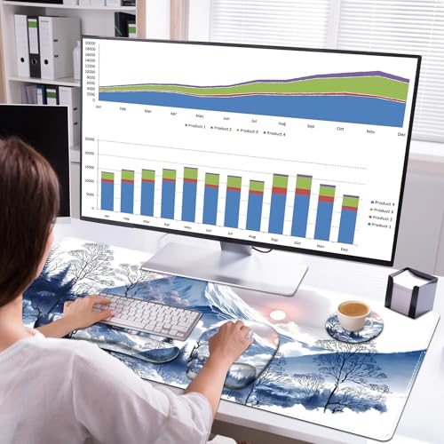 4 in 1 Large Mouse Pad, Keyboard Wrist Rest Set, Ergonomic Mouse Pad with Wrist Support, Desk Mat with Stitched Edges Extended Desk Pad Waterproof Desk Mat for Home Office Game I Snowy Mountain Sun - color: Snowy Mountain Sun
